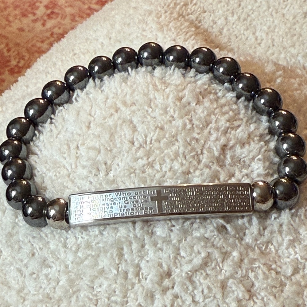 The Lords Prayer Silver and Black Hematite Beaded Bracelet
